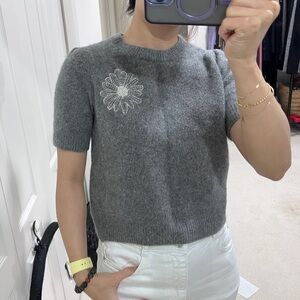 Gray Crew Neck Sweater with Floral Detail